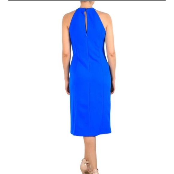 $129 Julia Jordan twist or knot neck blue sleeveless cocktail midi dress. Sz 10. - Picture 2 of 13